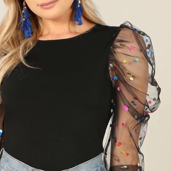 🆕Puffy Sleeve PolkaDot Mesh Spring Top - Picture 3 of 5